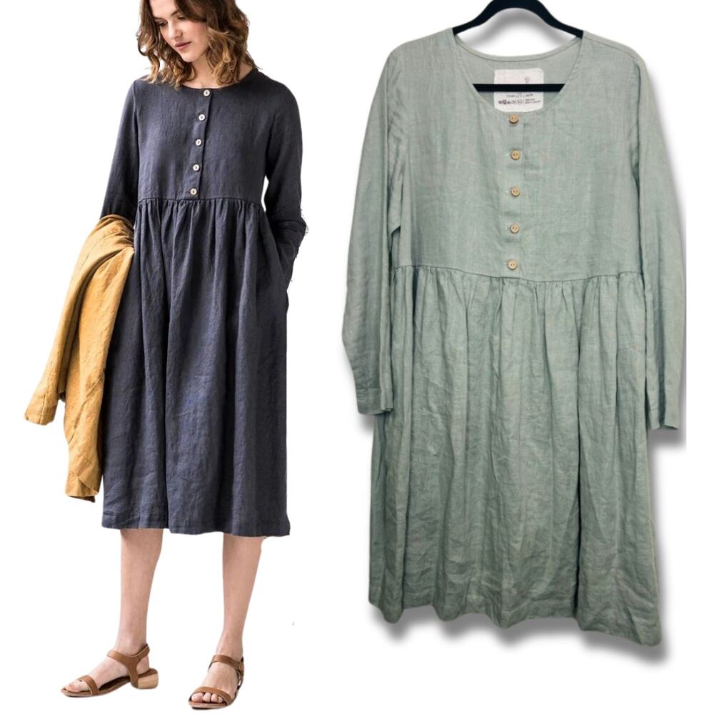 notPERFECTLINEN $139 Long Sleeve Maxi Mama Linen Dress in Sage Green Size XL